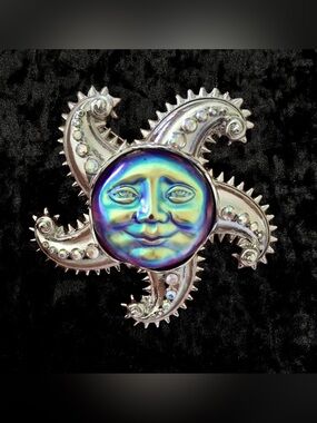 Kirks Folly Celestial Sun Moon Iridescent Brooch Pendant Signed